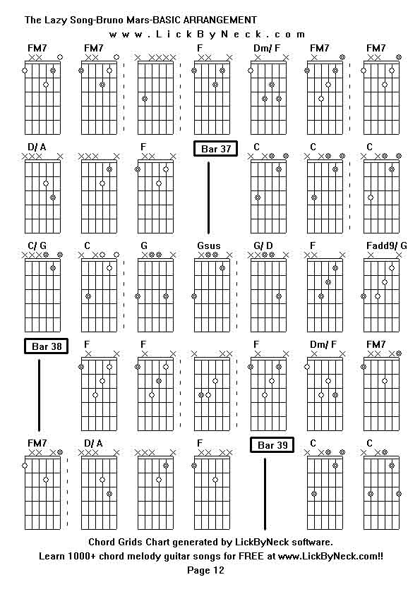 Chord Grids Chart of chord melody fingerstyle guitar song-The Lazy Song-Bruno Mars-BASIC ARRANGEMENT,generated by LickByNeck software.